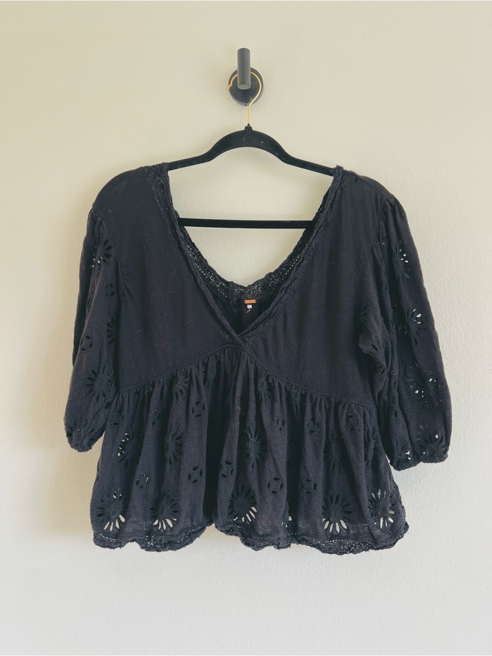 Free People Black Eyelet Peasant Blouse